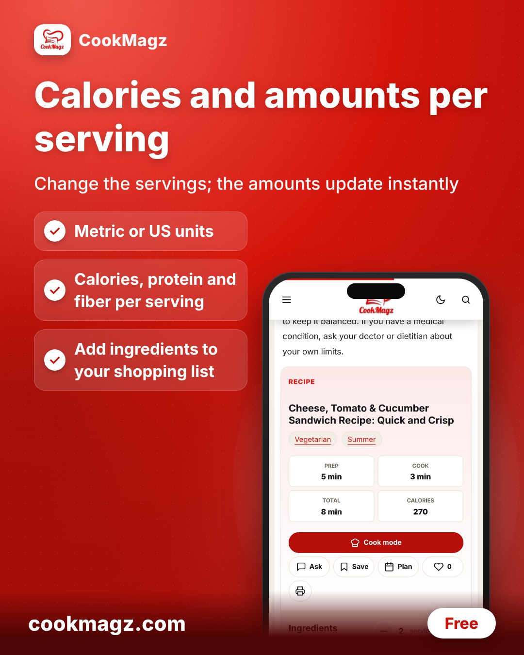 Calories and quantities per serving