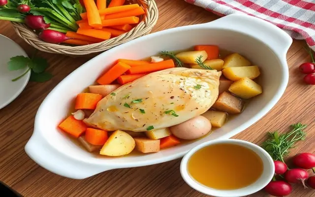 Boiled chicken with potatoes and carrots