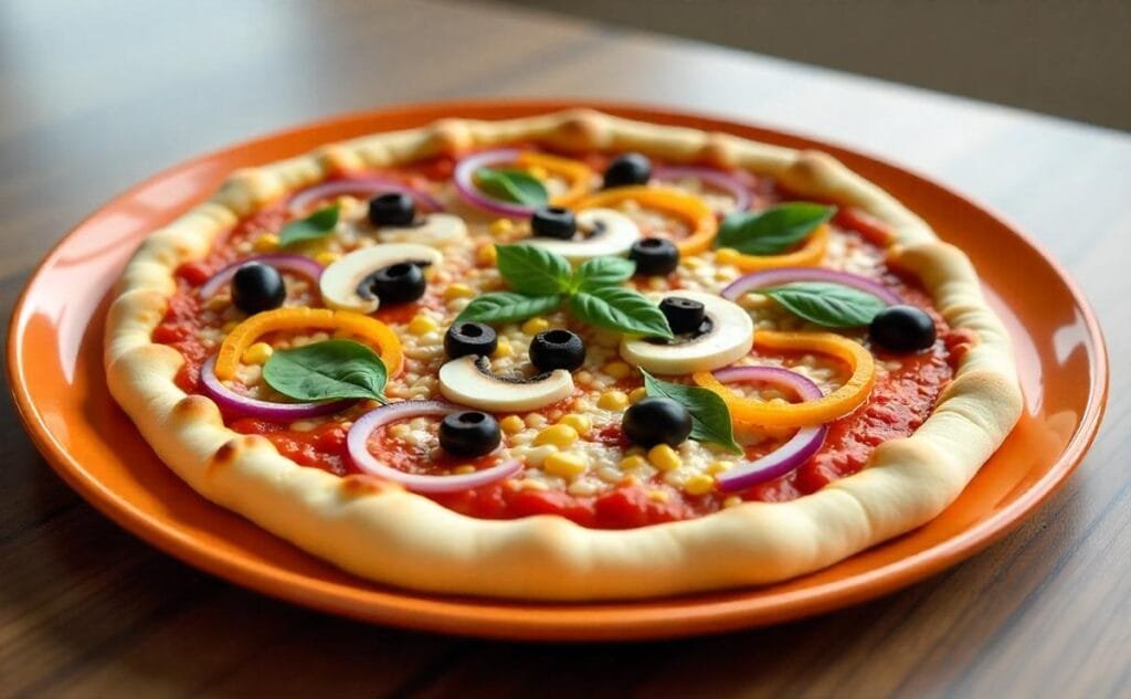 "Freshly baked vegetable pizza topped with colorful bell peppers, mushrooms, olives, spinach, and mozzarella cheese.