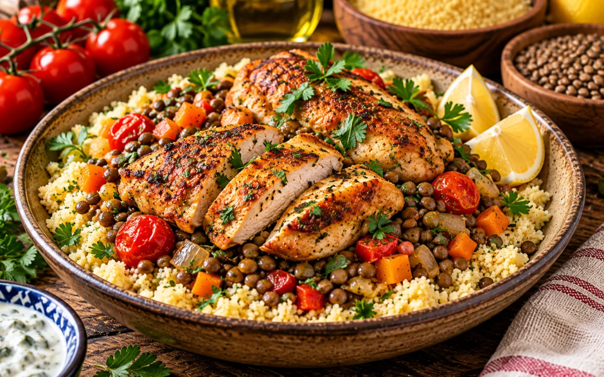 عدس مدیترانه‌ای پرپروتئین با مرغ و کوسکوس: وعده‌ای سالم و خوشمزه برای همه