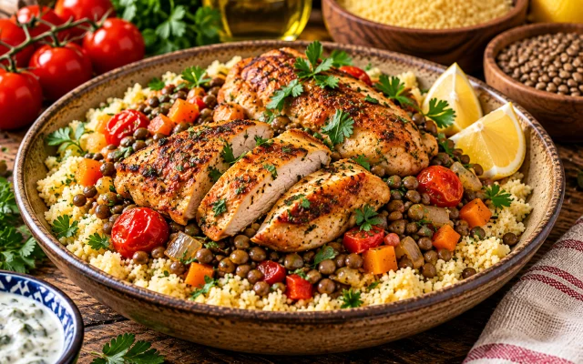High-Protein Mediterranean Lentils with Chicken and Couscous – A Healthy & Delicious Meal for All!