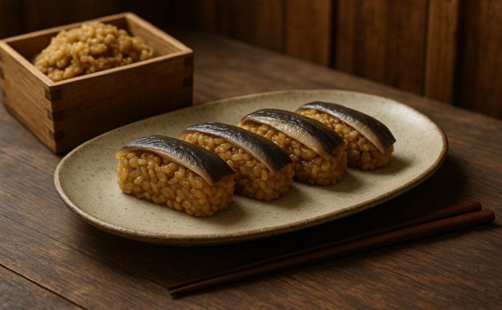 "Historical depiction of narezushi, the earliest form of sushi, showing fermented fish layered over aged rice in a wooden container – traditional Japanese setting."