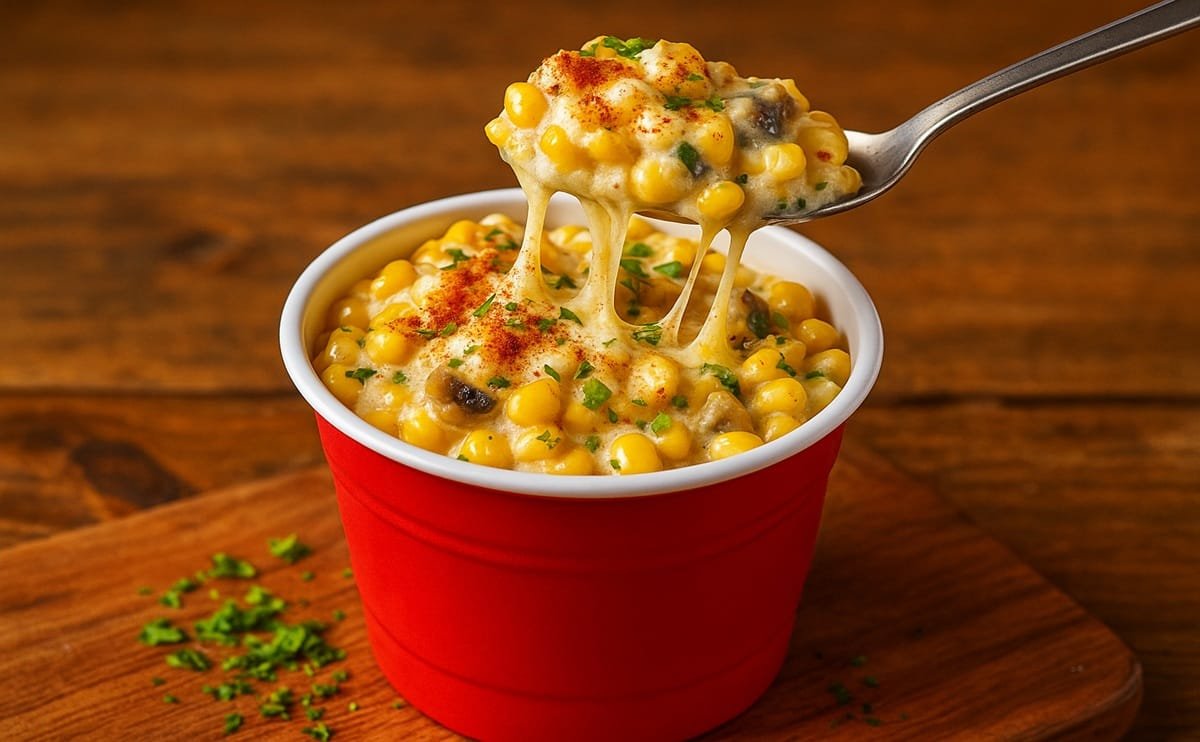 Mexican street corn in red cup with cheese and paprika on wooden table