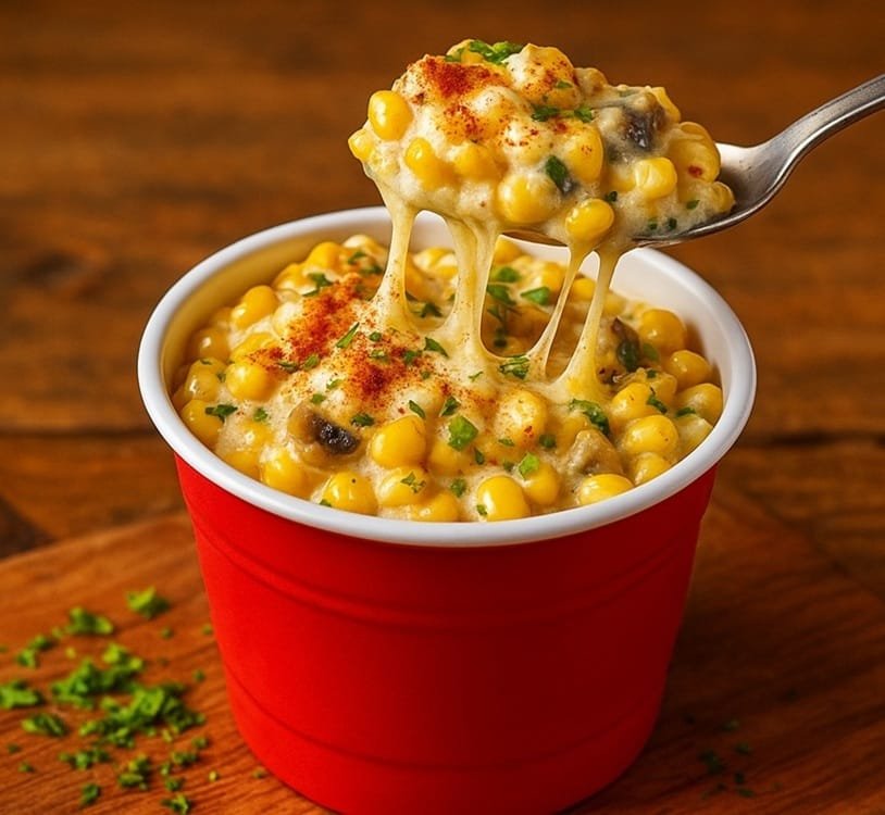 Mexican street corn with cheese, oregano, paprika, and mushrooms in a red cup