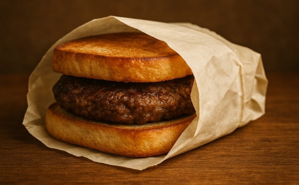 Historic image of the first American hamburger created by Louis Lassen in 1900, featuring grilled ground beef between two slices of toasted white bread