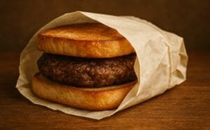 Historic image of the first American hamburger created by Louis Lassen in 1900, featuring grilled ground beef between two slices of toasted white bread