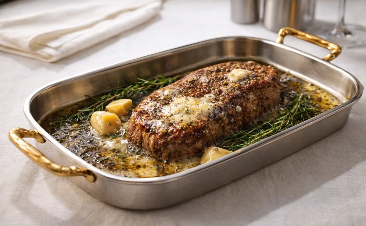 Perfect reverse sear garlic butter steak on a plate with golden crust and fresh herbs