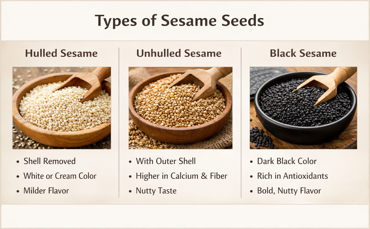 Three types of sesame seeds: unhulled, hulled, and black, showing nutrition and variety
