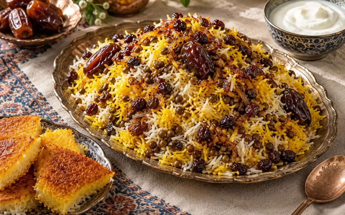 عدس‌پلو: برنج ایرانی با عدس، خرما و زعفران