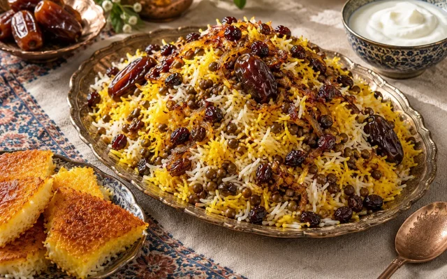 عدسپلو: برنج ایرانی با عدس، خرما و زعفران