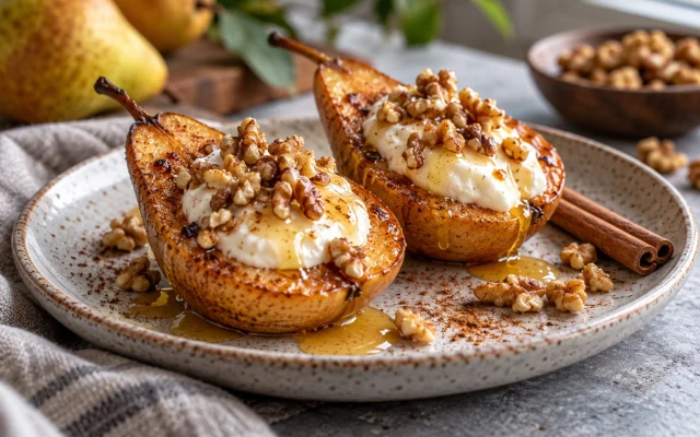 Baked Cinnamon Pears with Yogurt and Walnuts