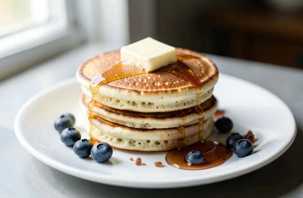 Classic American buttermilk pancakes with butter and maple syrup
