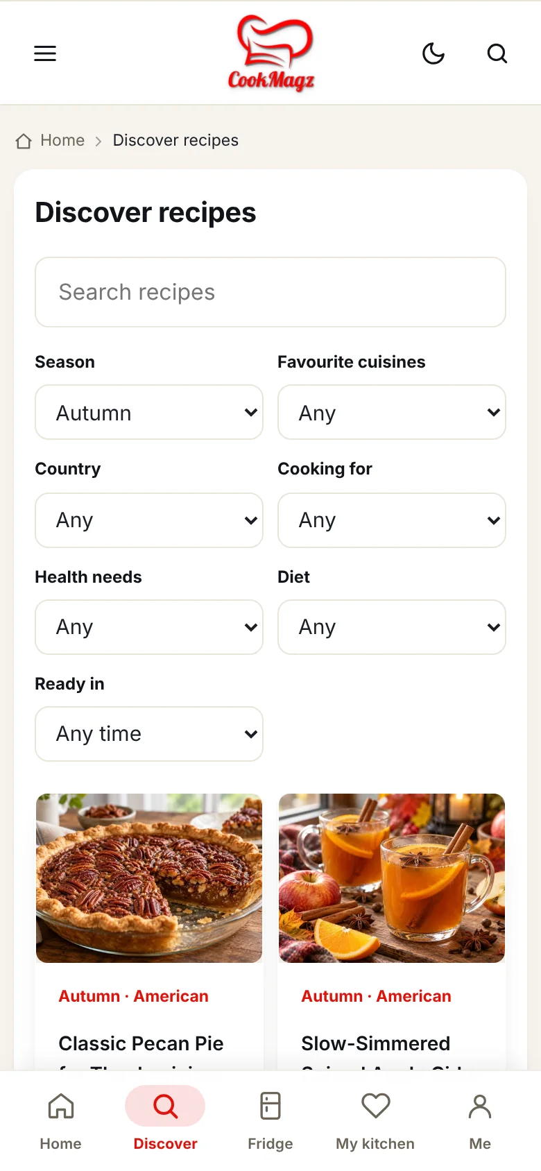Discover recipes with season, country and diet filters