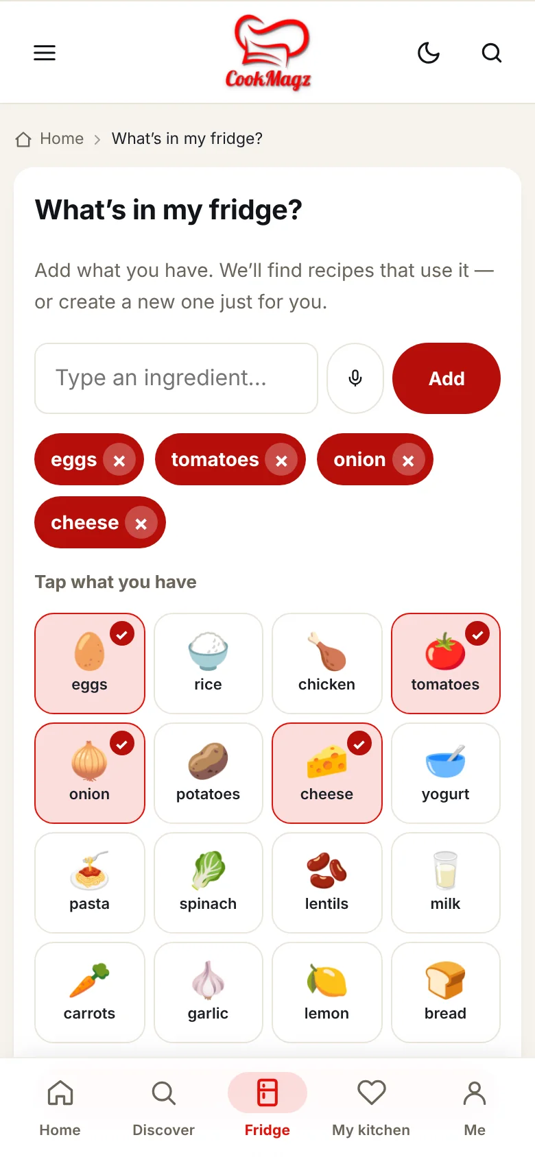 The fridge page: pick the ingredients you have