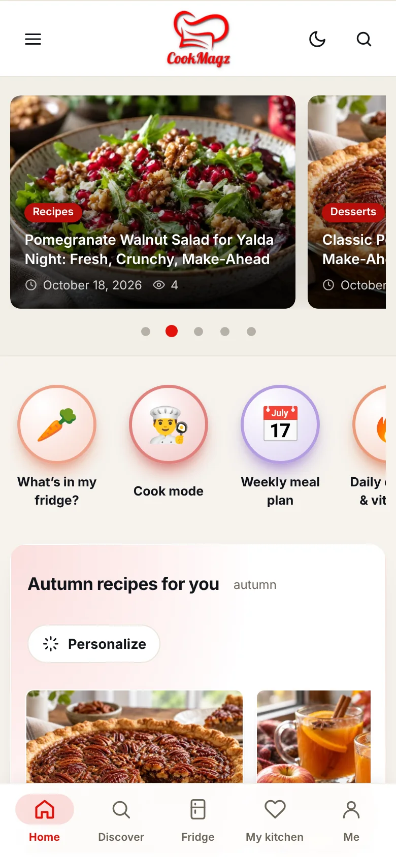 CookMagz home page on a phone with the feature circles