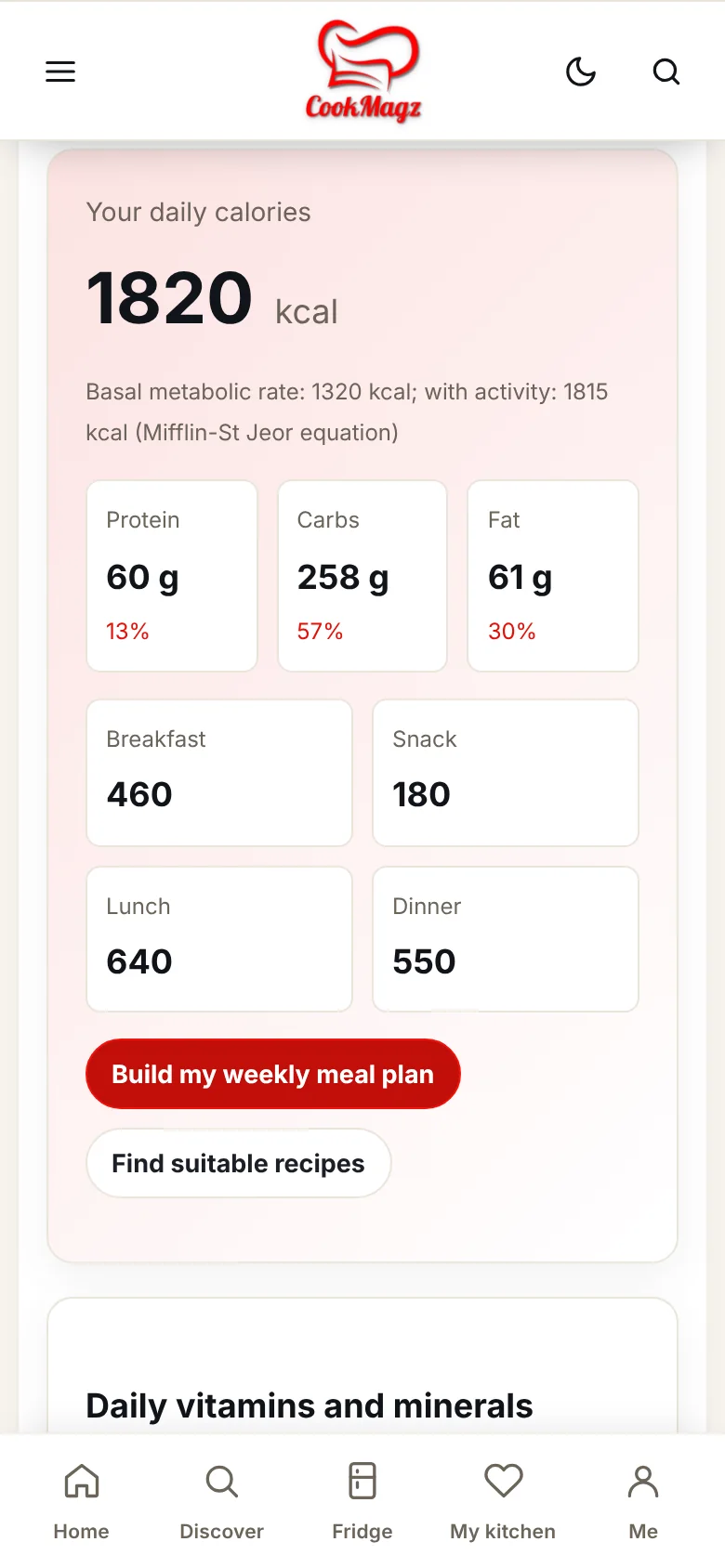 The daily calories and vitamins page showing results