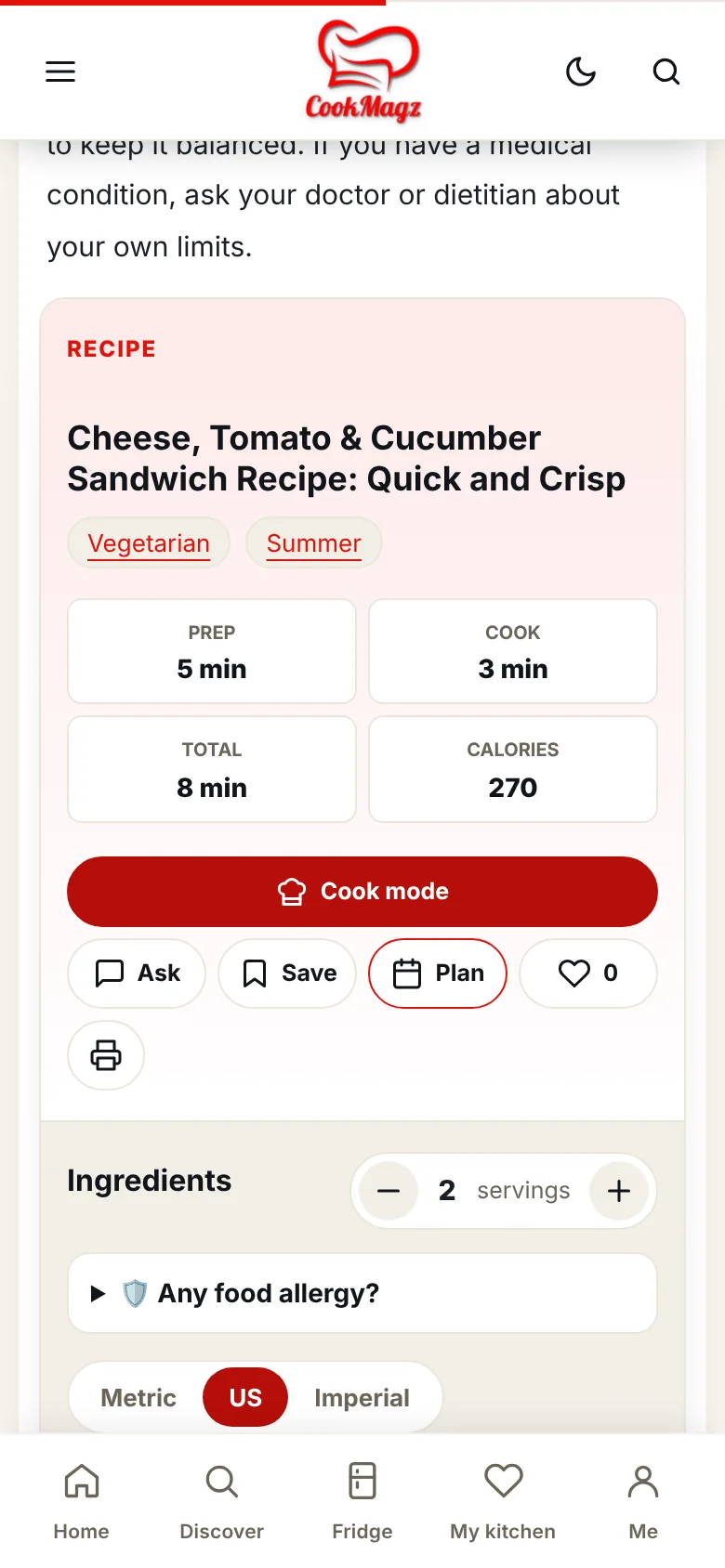 A recipe card with servings, calories and cook mode