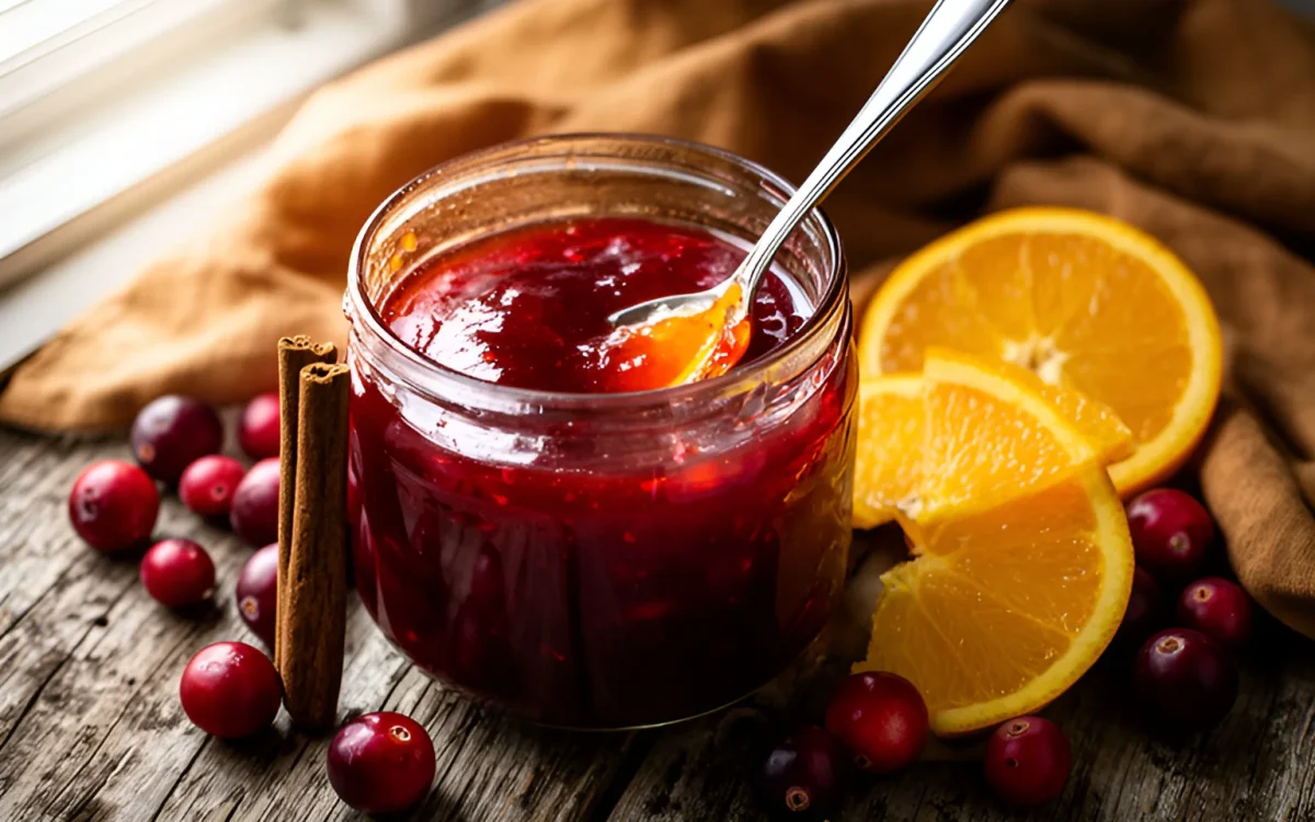 Homemade cranberry orange sauce in a glass jar with orange slices and cinnamon