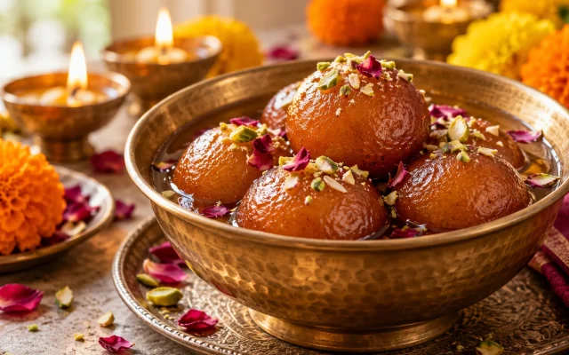 Gulab Jamun: Soft Indian Milk Dumplings in Rose Syrup for Diwali