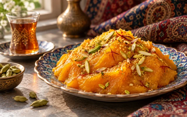 حلوا کدو حلوایی: دسر ایرانی با زعفران و هل برای شب یلدا