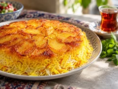 ته‌دیگ سیب‌زمینی ایرانی: برنج زعفرانی طلایی و ترد