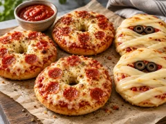Pizza Bagels: Crispy, Cheesy and Easy (Plus Halloween Mummy Version)