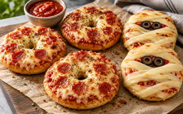 Pizza Bagels: Crispy, Cheesy and Easy (Plus Halloween Mummy Version)