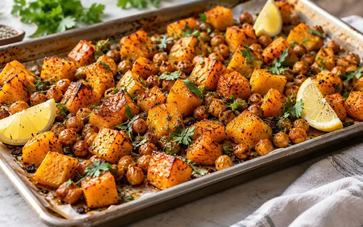 Roasted Butternut Squash and Chickpeas with Lemon Tahini