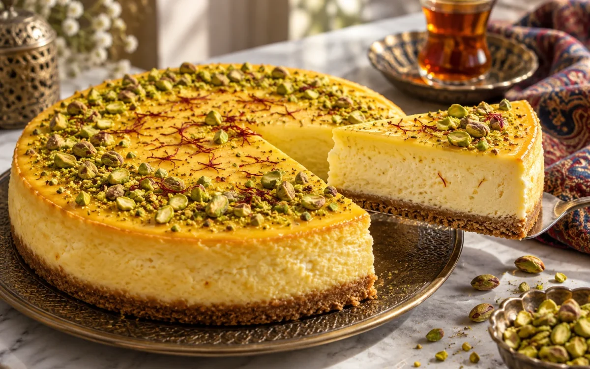 Saffron Pistachio Cheesecake for Yalda Night: Creamy and Make-Ahead