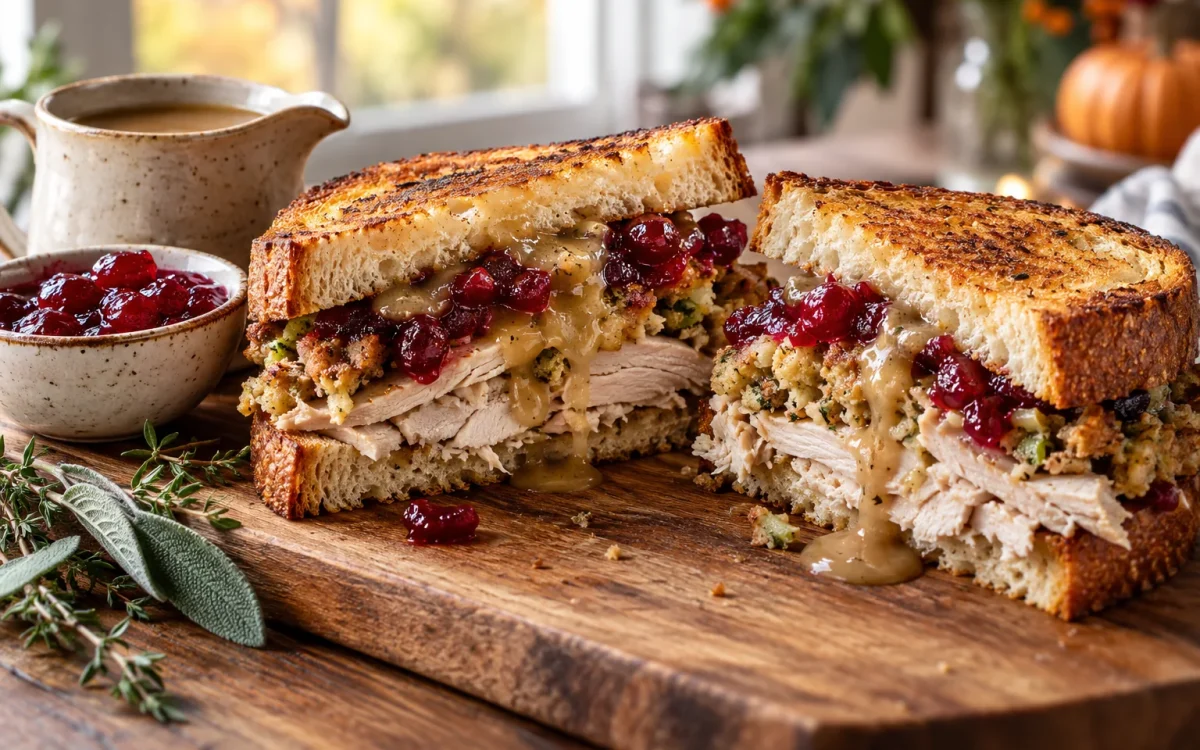 Thanksgiving Leftover Turkey Sandwich with Stuffing and Cranberry