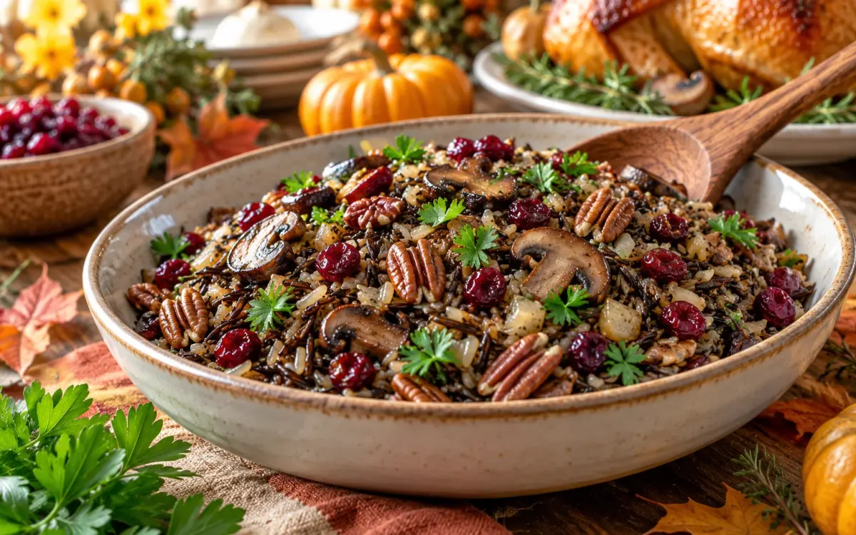 Wild Rice Pilaf with Mushrooms and Cranberries for Thanksgiving