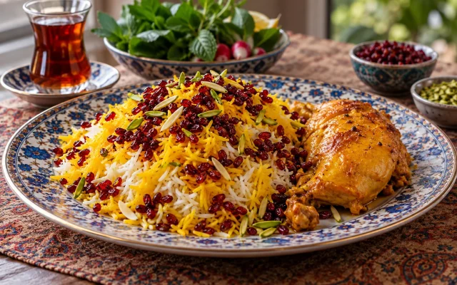 Zereshk Polo ba Morgh: Persian Barberry Rice with Saffron Chicken
